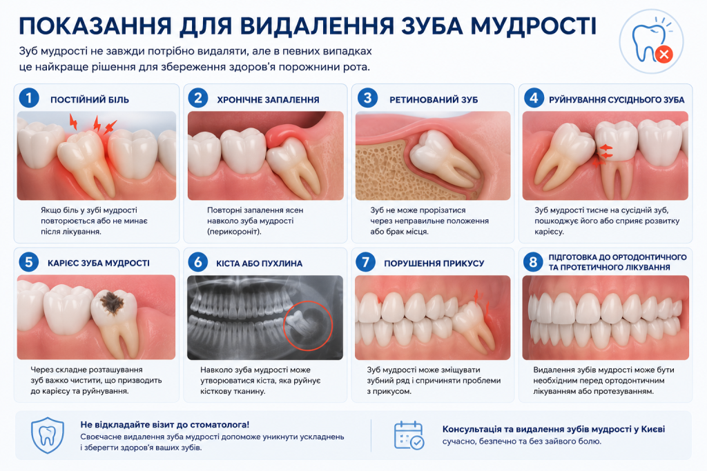 Основні показання для видалення зуба мудрості: біль, запалення, ретинований зуб та кіста