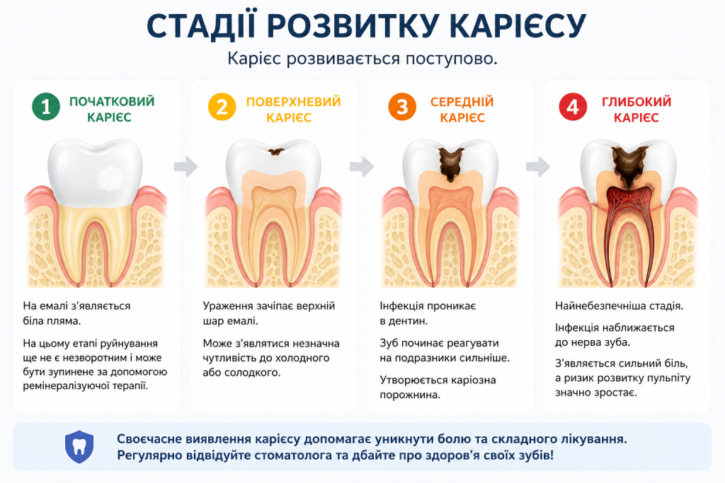 Стадії розвитку карієсу зубів від початкового до глибокого карієсу