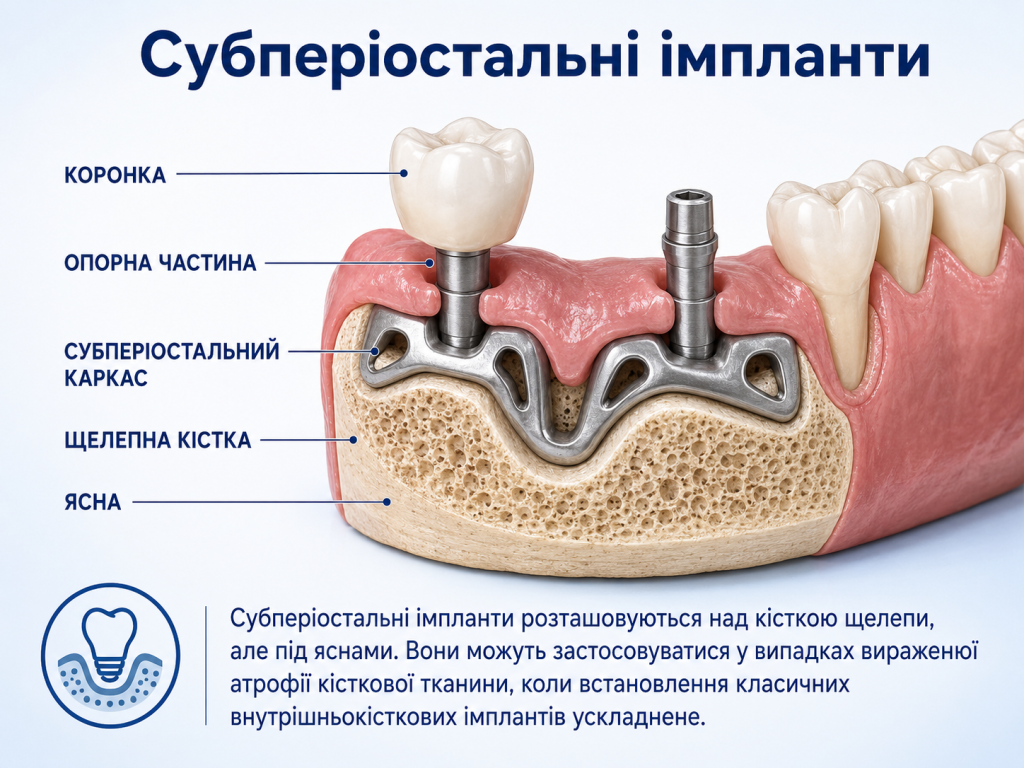 Субперіостальні зубні імпланти над кісткою щелепи