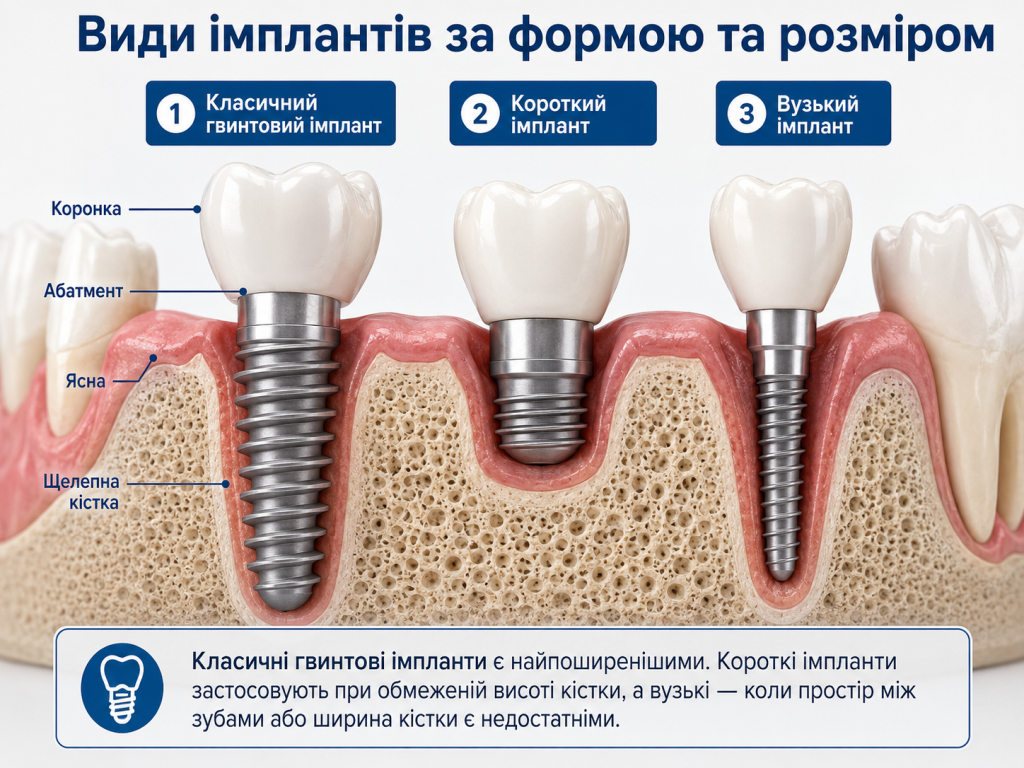 Види зубних імплантів: класичні гвинтові, короткі та вузькі зубні імпланти