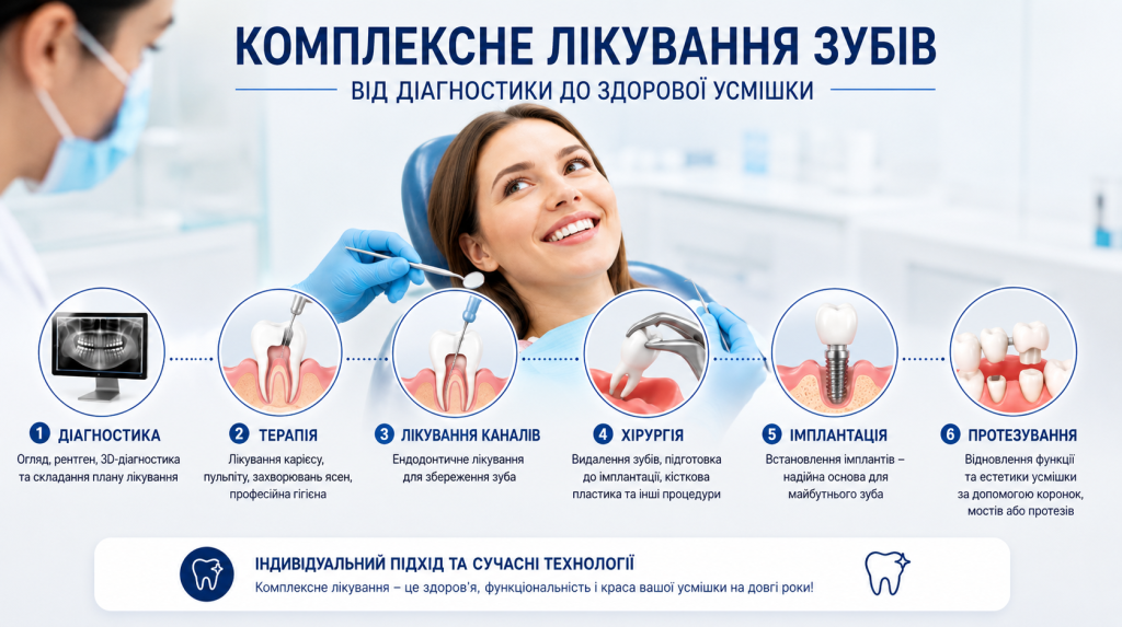 Комплексне лікування зубів — діагностика, терапія, хірургія, імплантація та протезування